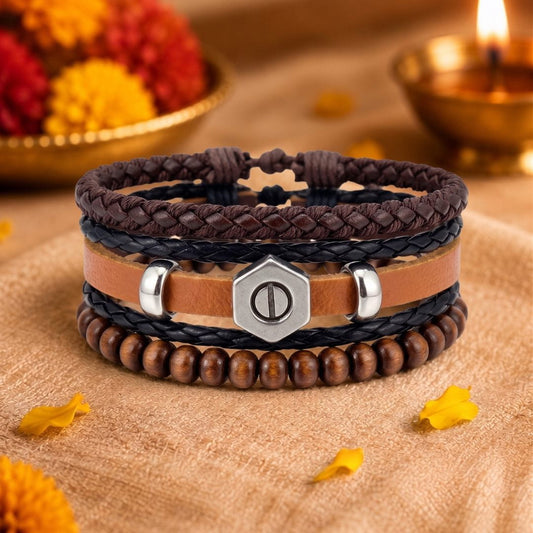 THE MEN THING Leather Bracelet The Perfect Rakhi Gift For Every Brother – HEX BOLT BROWN - Leather Adjustable Bracelets With Timeless Style