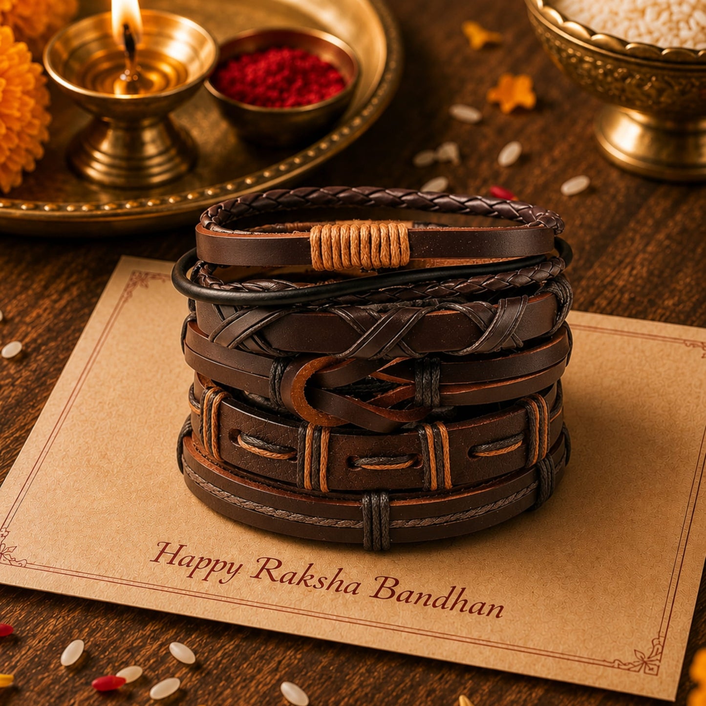 THE MEN THING Leather Bracelet The Perfect Rakhi Gift For Every Brother – Historic Weave Premium Leather Bracelets With Timeless Style (8 Inch)