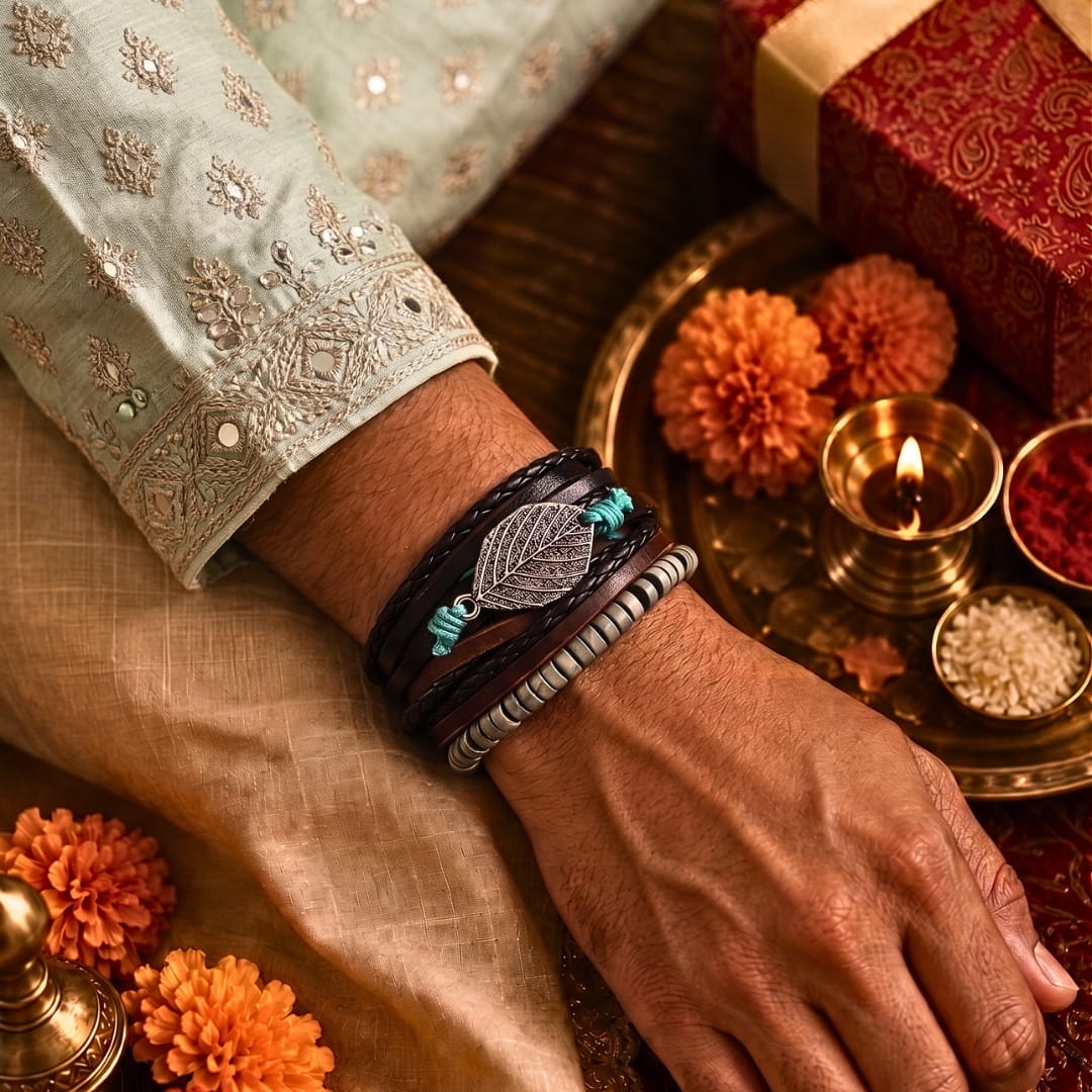 THE MEN THING Leather Bracelet The Perfect Rakhi Gift For Every Brother – IRONFANG WRAP - Premium 3 Pcs Leather Bracelets With Timeless Style (8inch)