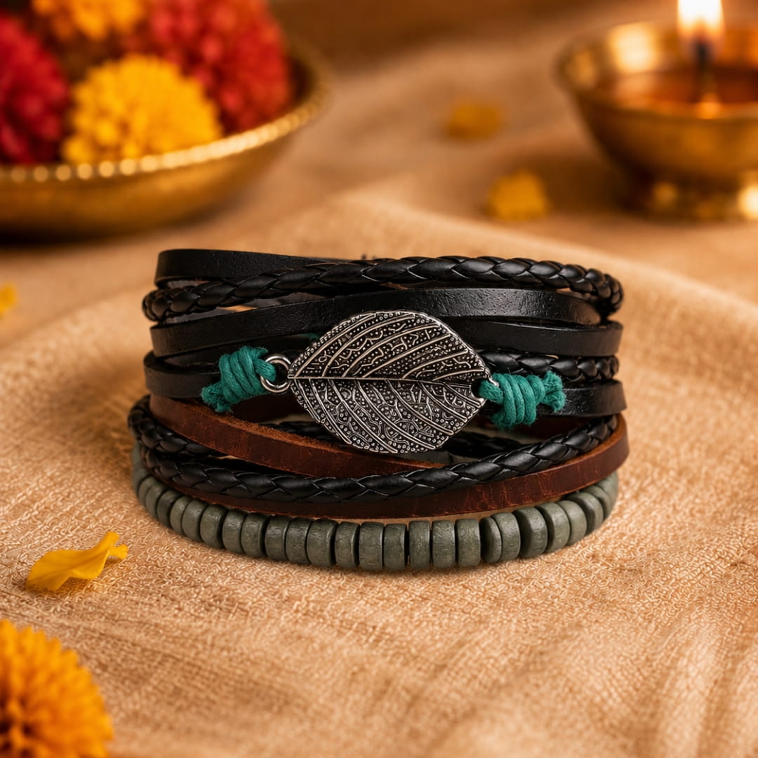 THE MEN THING Leather Bracelet The Perfect Rakhi Gift For Every Brother – IRONFANG WRAP - Premium 3 Pcs Leather Bracelets With Timeless Style (8inch)