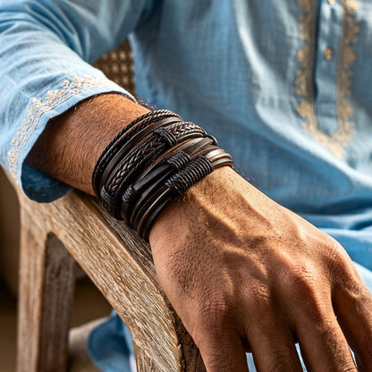 THE MEN THING Leather Bracelet The Perfect Rakhi Gift For Every Brother – JET BRAIDED - Premium 4 Pcs Leather Bracelets With Timeless Style (8inch)