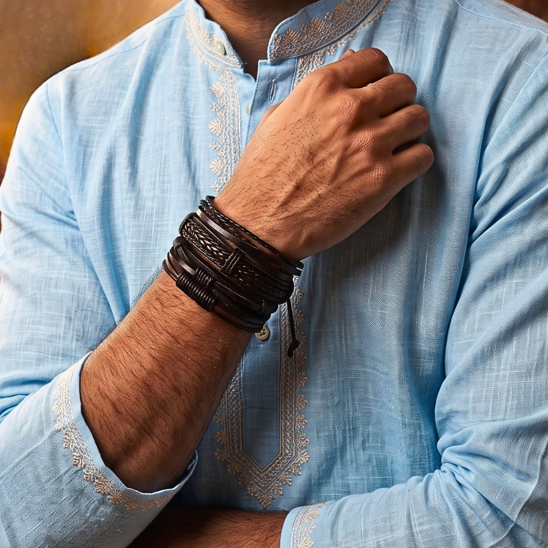 THE MEN THING Leather Bracelet The Perfect Rakhi Gift For Every Brother – JET BRAIDED - Premium 4 Pcs Leather Bracelets With Timeless Style (8inch)