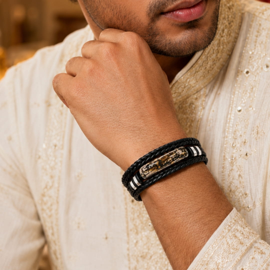 THE MEN THING Leather Bracelet The Perfect Rakhi Gift For Every Brother – MARBLE CORE BLACK - Premium Genuine Leather Bracelet With Timeless Style (8 Inch)