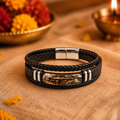 THE MEN THING Leather Bracelet The Perfect Rakhi Gift For Every Brother – MARBLE CORE BLACK - Premium Genuine Leather Bracelet With Timeless Style (8 Inch)