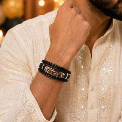 THE MEN THING Leather Bracelet The Perfect Rakhi Gift For Every Brother – MARBLE CORE BLACK - Premium Genuine Leather Bracelet With Timeless Style (8 Inch)