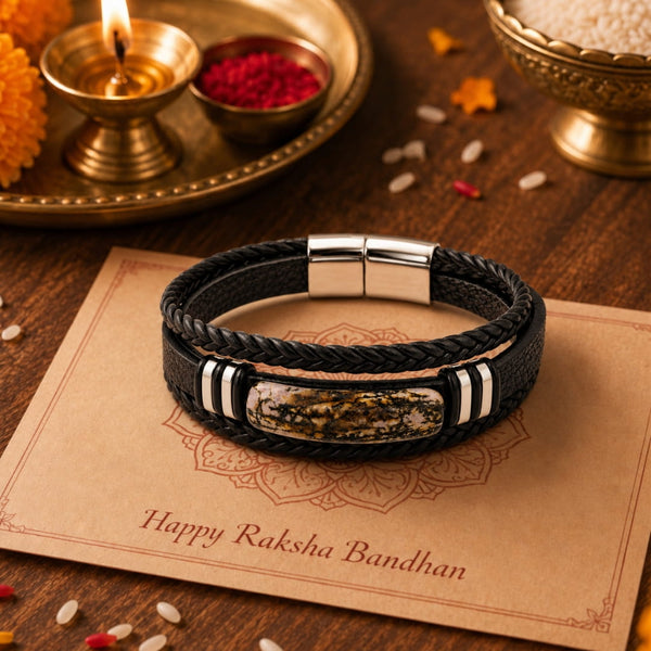 The Perfect Rakhi Gift For Every Brother – MARBLE CORE BLACK - Premium Genuine Leather Bracelet With Timeless Style (8 Inch)