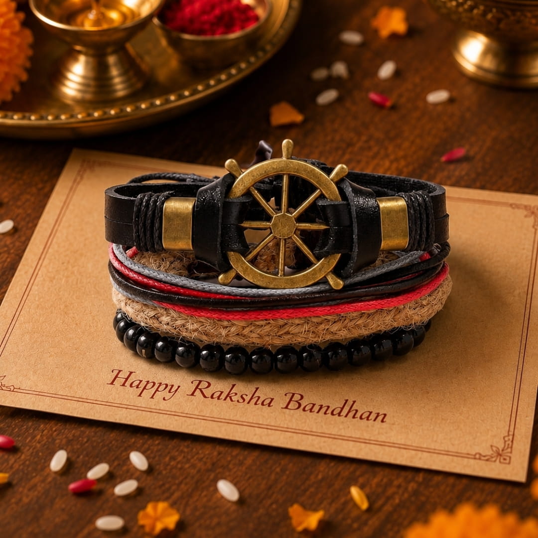 THE MEN THING Leather Bracelet The Perfect Rakhi Gift For Every Brother – MARINER’S EDGE - Premium 4 Pcs Leather Bracelets With Timeless Style (8inch)