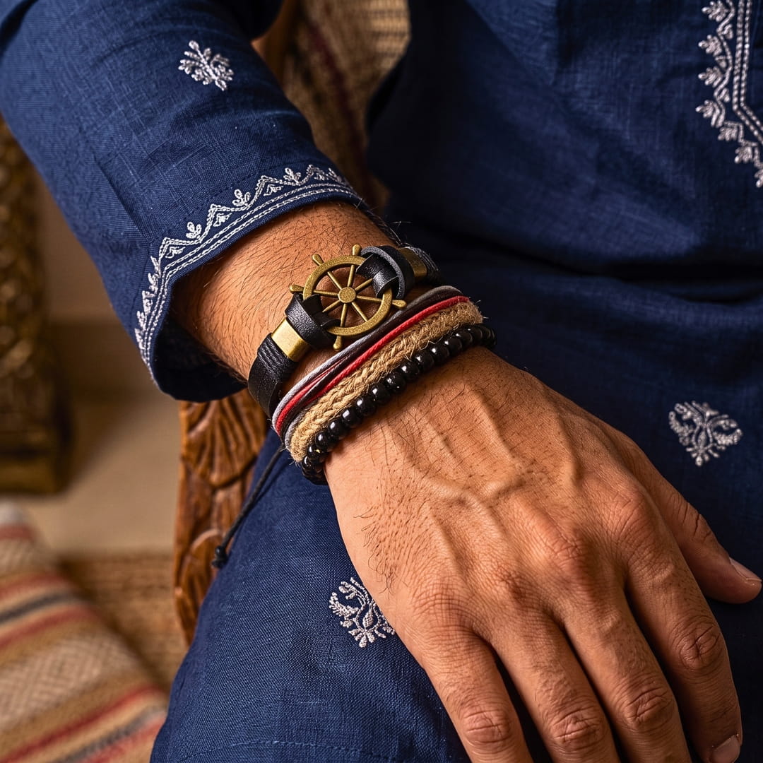 THE MEN THING Leather Bracelet The Perfect Rakhi Gift For Every Brother – MARINER’S EDGE - Premium 4 Pcs Leather Bracelets With Timeless Style (8inch)