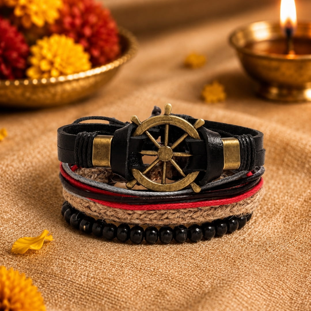 THE MEN THING Leather Bracelet The Perfect Rakhi Gift For Every Brother – MARINER’S EDGE - Premium 4 Pcs Leather Bracelets With Timeless Style (8inch)
