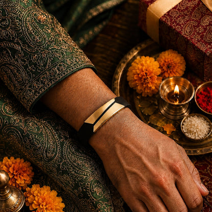 THE MEN THING Leather Bracelet The Perfect Rakhi Gift For Every Brother – Midnight Shade Gold Premium Leather Bracelets With Timeless Style (8 Inch)