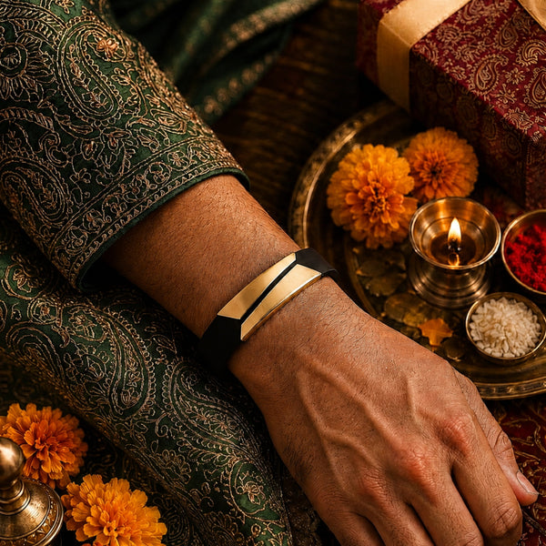 The Perfect Rakhi Gift For Every Brother – Midnight Shade Gold Premium Leather Bracelets With Timeless Style (8 Inch)