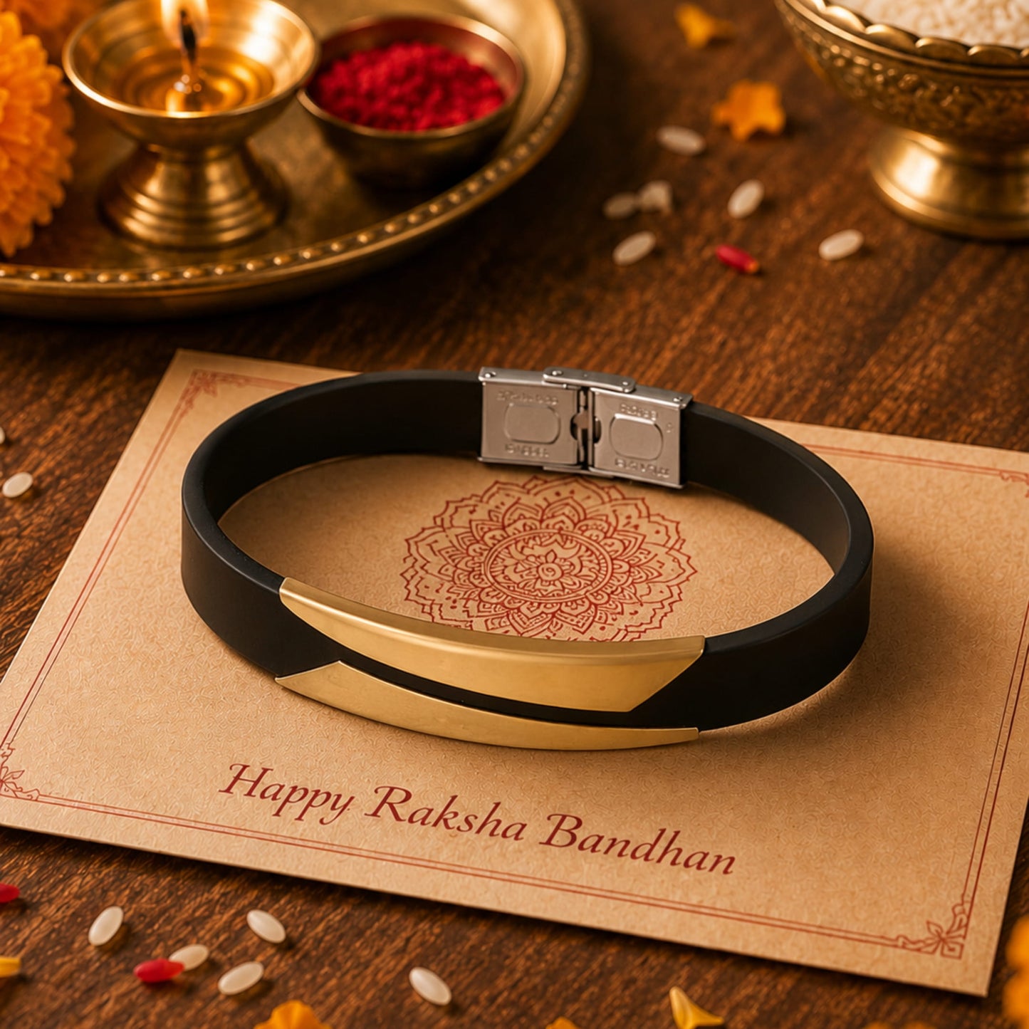 THE MEN THING Leather Bracelet The Perfect Rakhi Gift For Every Brother – Midnight Shade Gold Premium Leather Bracelets With Timeless Style (8 Inch)