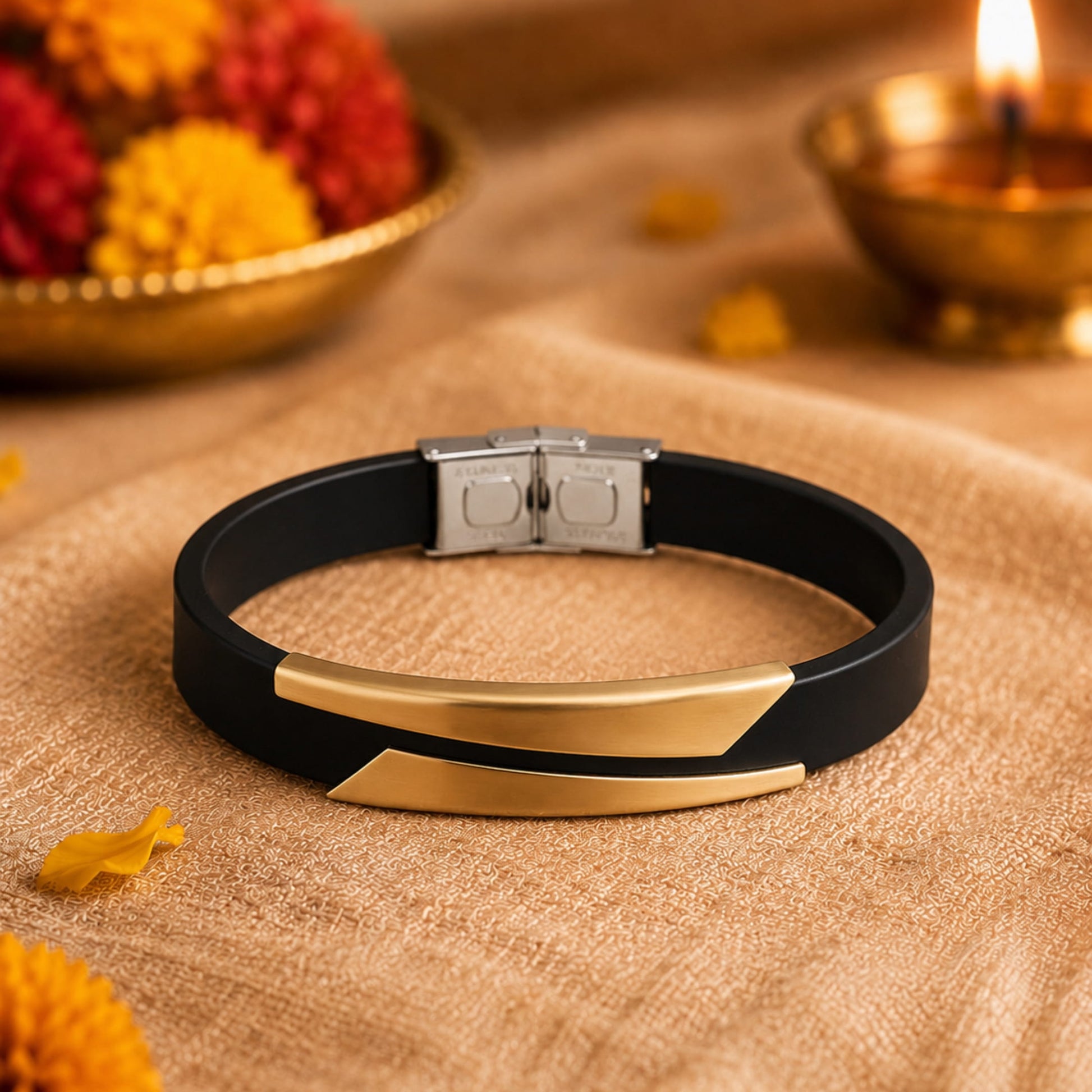 THE MEN THING Leather Bracelet The Perfect Rakhi Gift For Every Brother – Midnight Shade Gold Premium Leather Bracelets With Timeless Style (8 Inch)