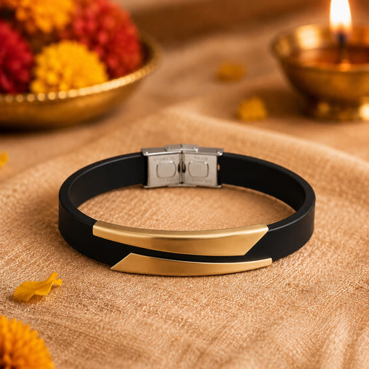 THE MEN THING Leather Bracelet The Perfect Rakhi Gift For Every Brother – Midnight Shade Gold Premium Leather Bracelets With Timeless Style (8 Inch)
