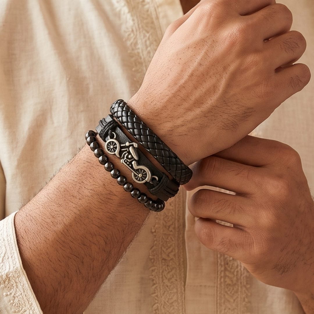 THE MEN THING Leather Bracelet The Perfect Rakhi Gift For Every Brother – MOTO RIDER BLACK - Leather Adjustable Bracelets With Timeless Style