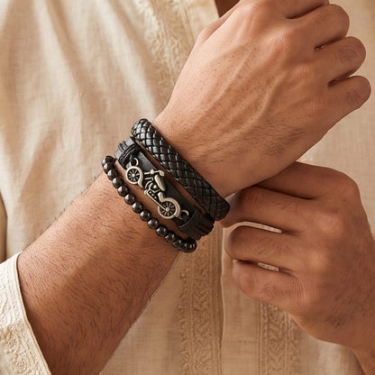 THE MEN THING Leather Bracelet The Perfect Rakhi Gift For Every Brother – MOTO RIDER BLACK - Leather Adjustable Bracelets With Timeless Style