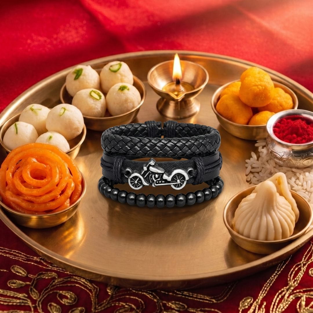 THE MEN THING Leather Bracelet The Perfect Rakhi Gift For Every Brother – MOTO RIDER BLACK - Leather Adjustable Bracelets With Timeless Style