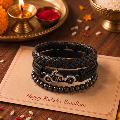 THE MEN THING Leather Bracelet The Perfect Rakhi Gift For Every Brother – MOTO RIDER BLACK - Leather Adjustable Bracelets With Timeless Style