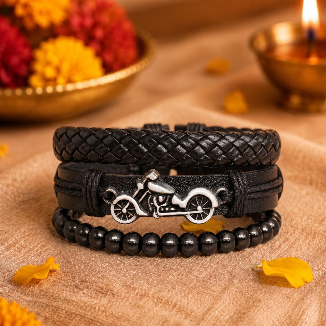 THE MEN THING Leather Bracelet The Perfect Rakhi Gift For Every Brother – MOTO RIDER BLACK - Leather Adjustable Bracelets With Timeless Style