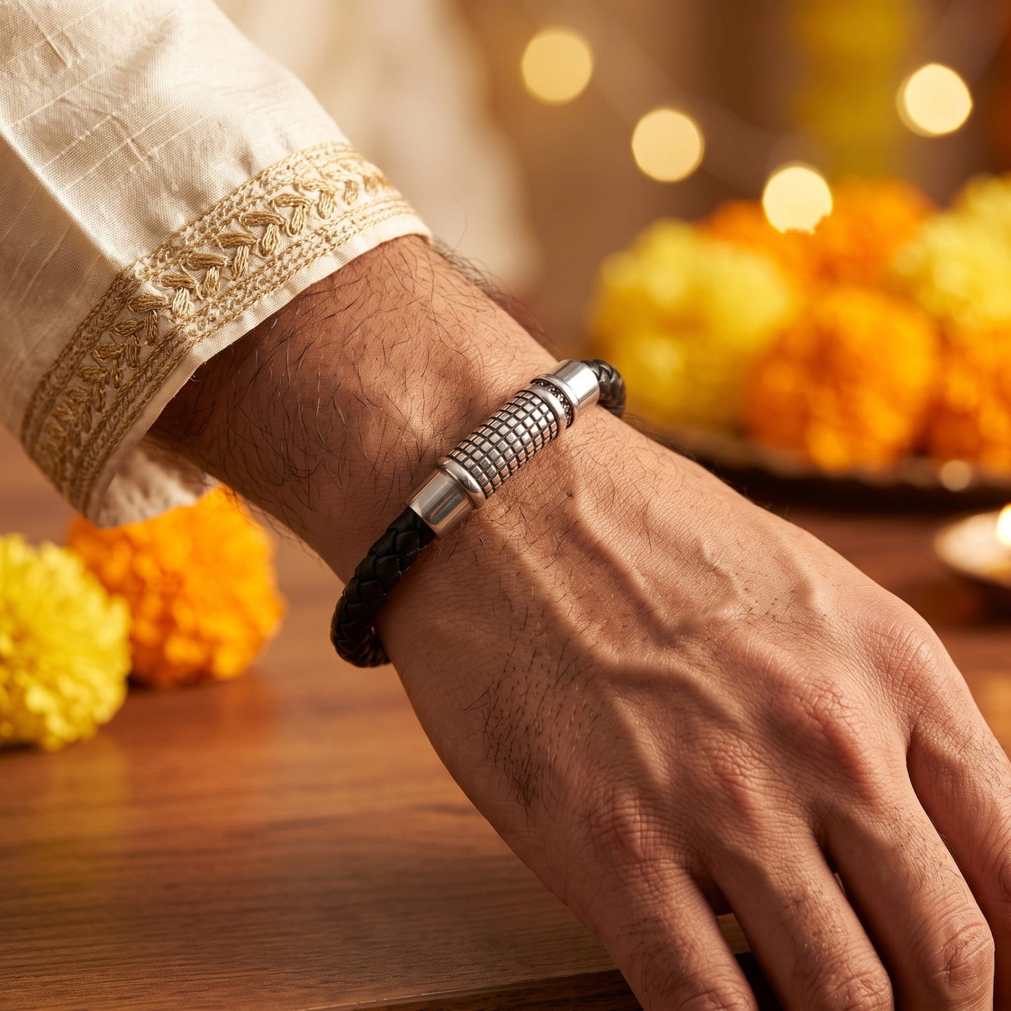 THE MEN THING Leather Bracelet The Perfect Rakhi Gift For Every Brother – Mystique Braid Black Premium Leather Bracelets With Timeless Style (8 Inch)