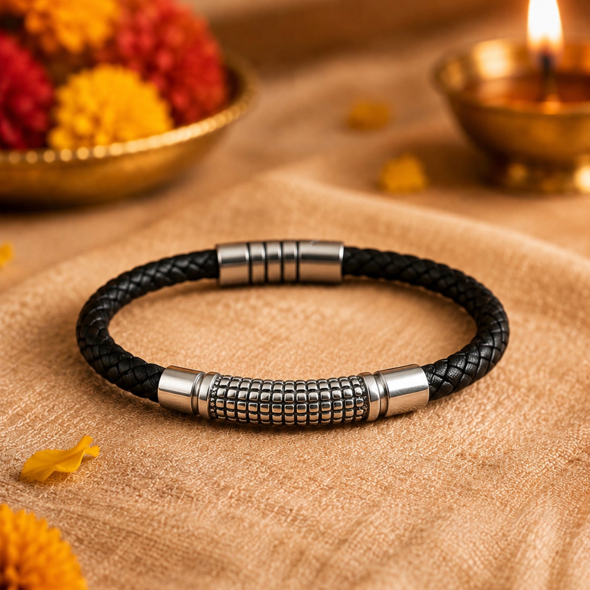 THE MEN THING Leather Bracelet The Perfect Rakhi Gift For Every Brother – Mystique Braid Black Premium Leather Bracelets With Timeless Style (8 Inch)