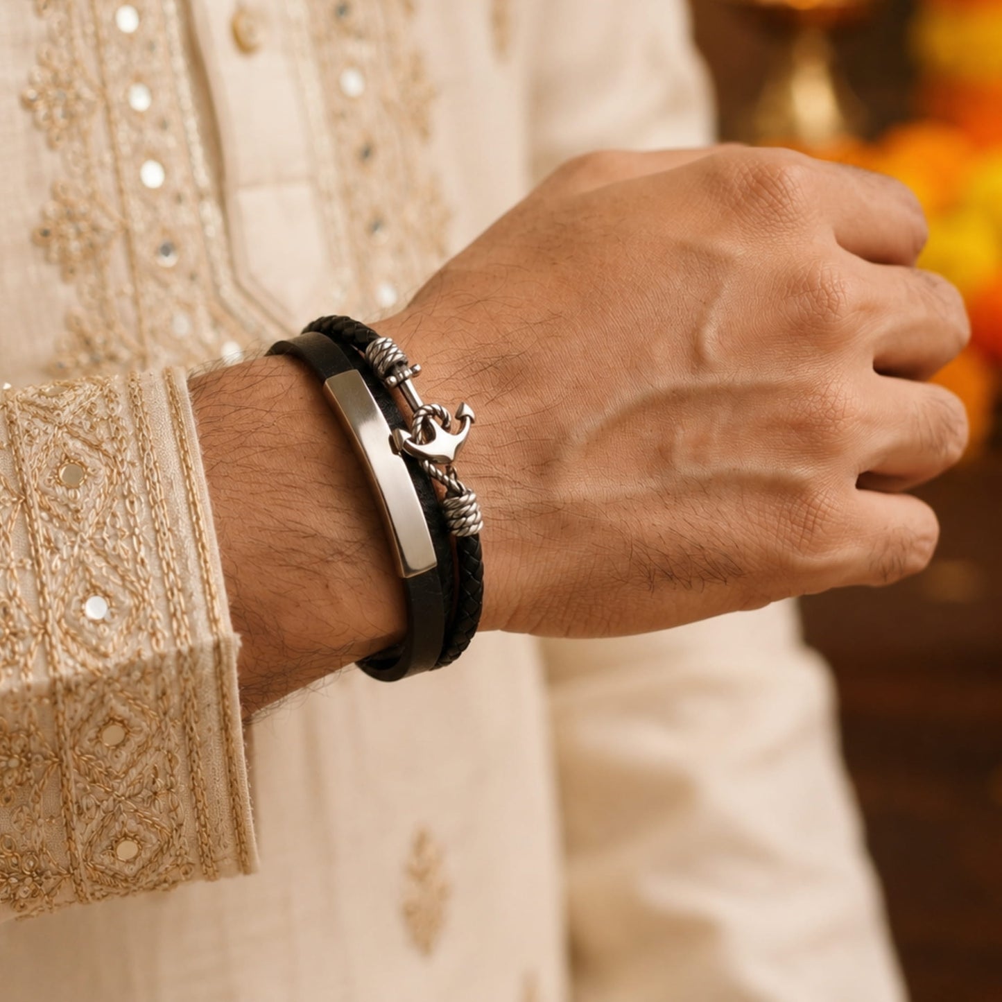 THE MEN THING Leather Bracelet The Perfect Rakhi Gift For Every Brother – Nautical Anchor Black Premium Leather Bracelets With Timeless Style (8 Inch)
