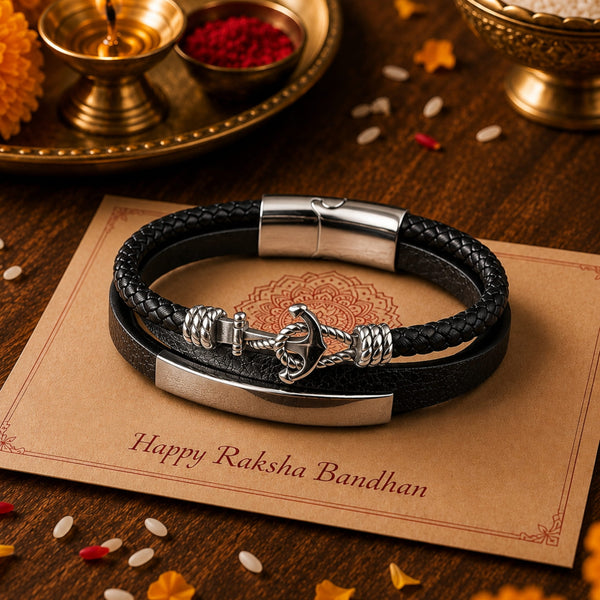 The Perfect Rakhi Gift For Every Brother – Nautical Anchor Black Premium Leather Bracelets With Timeless Style (8 Inch)