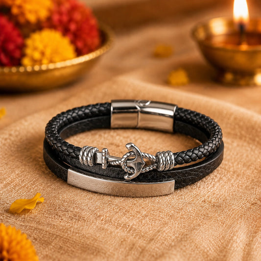 THE MEN THING Leather Bracelet The Perfect Rakhi Gift For Every Brother – Nautical Anchor Black Premium Leather Bracelets With Timeless Style (8 Inch)