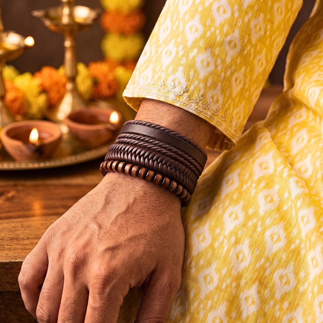 THE MEN THING Leather Bracelet The Perfect Rakhi Gift For Every Brother – OAKEN EDGE - Genuine Leather Bracelets With Timeless Style (Adjustable)