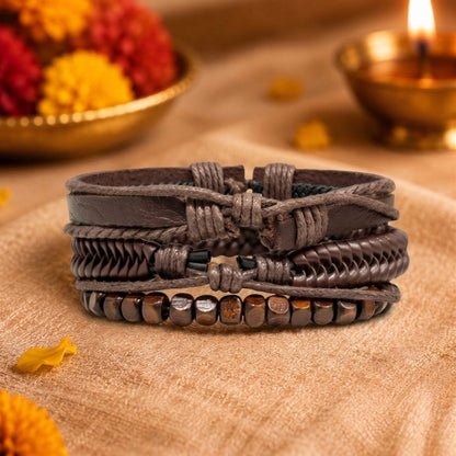 THE MEN THING Leather Bracelet The Perfect Rakhi Gift For Every Brother – OAKEN EDGE - Genuine Leather Bracelets With Timeless Style (Adjustable)