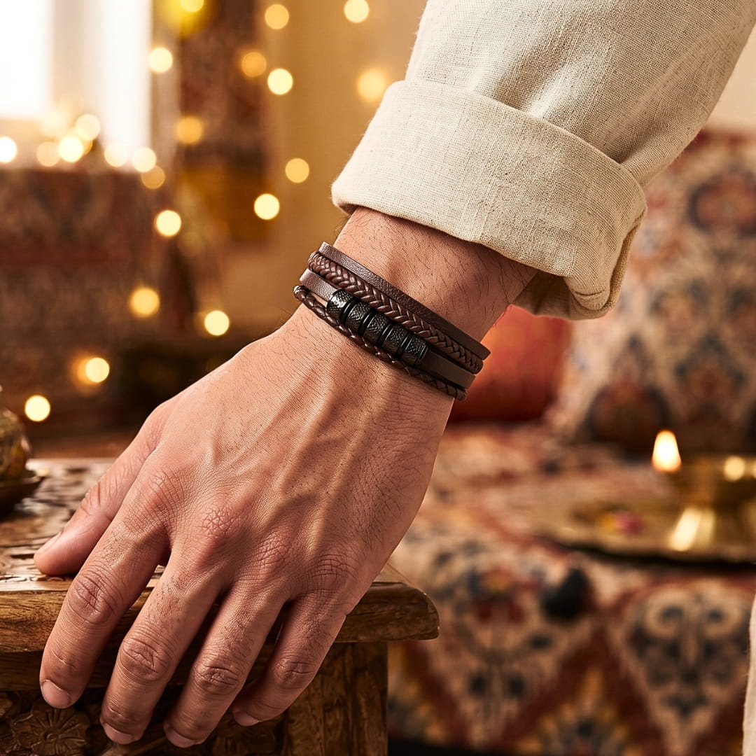 THE MEN THING Leather Bracelet The Perfect Rakhi Gift For Every Brother – ONYX RIDGE - Premium Leather Multi-Layer Bracelet With Timeless Style (8inch)