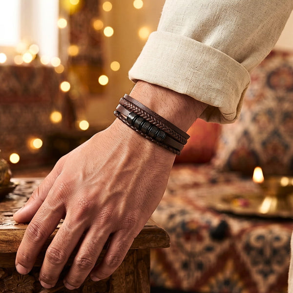 The Perfect Rakhi Gift For Every Brother – ONYX RIDGE - Premium Leather Multi-Layer Bracelet With Timeless Style (8inch)