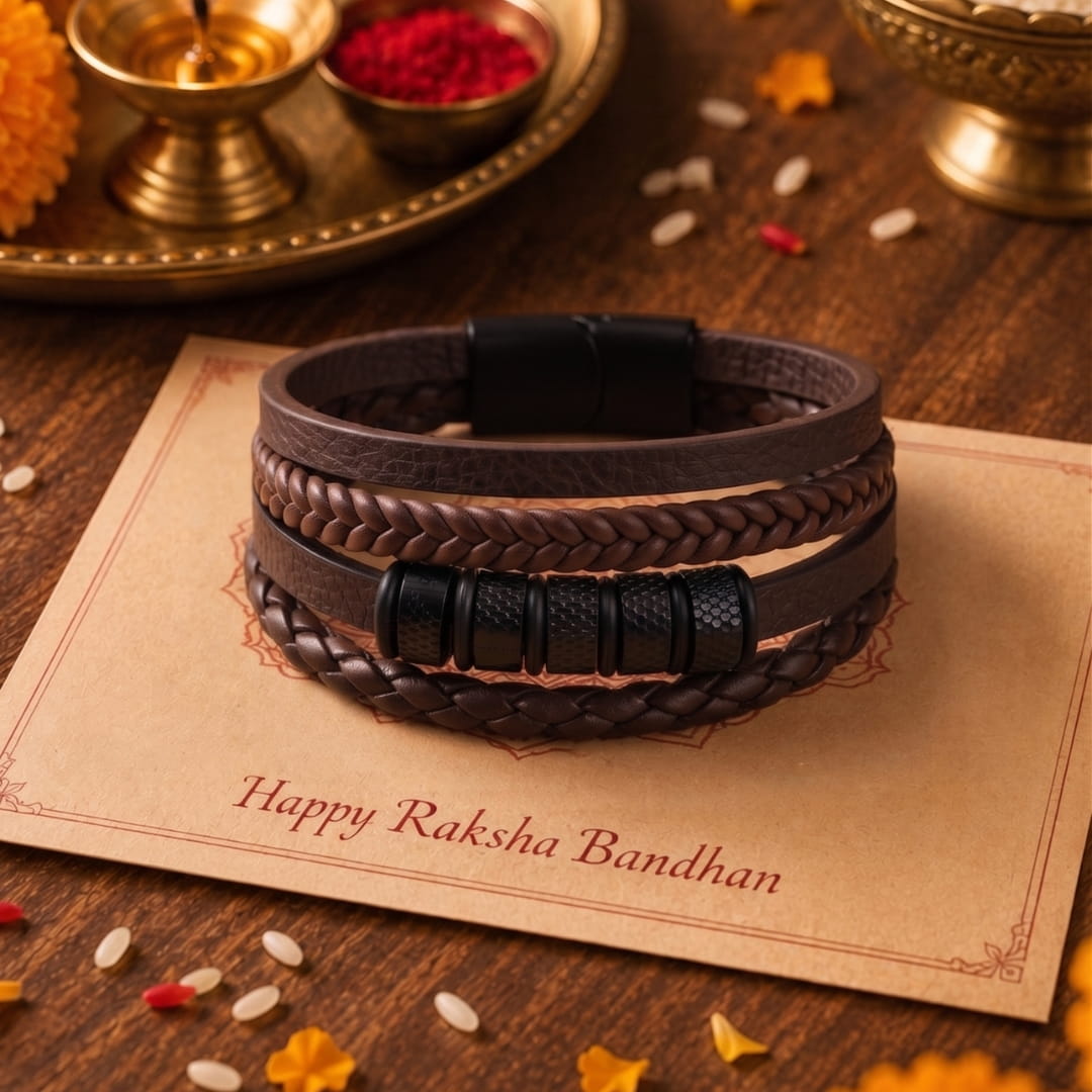 THE MEN THING Leather Bracelet The Perfect Rakhi Gift For Every Brother – ONYX RIDGE - Premium Leather Multi-Layer Bracelet With Timeless Style (8inch)