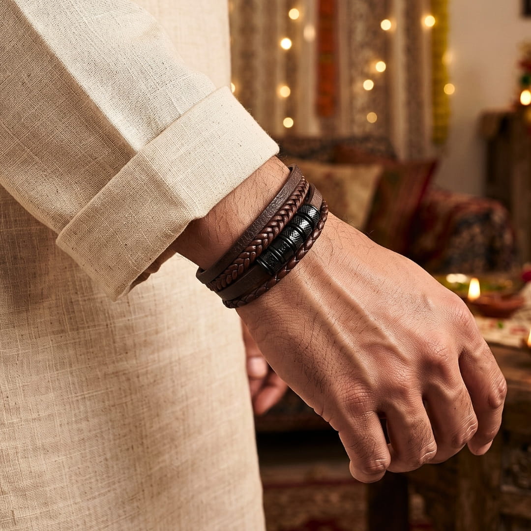 THE MEN THING Leather Bracelet The Perfect Rakhi Gift For Every Brother – ONYX RIDGE - Premium Leather Multi-Layer Bracelet With Timeless Style (8inch)