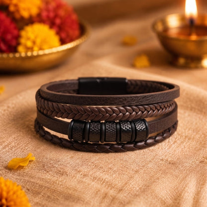THE MEN THING Leather Bracelet The Perfect Rakhi Gift For Every Brother – ONYX RIDGE - Premium Leather Multi-Layer Bracelet With Timeless Style (8inch)