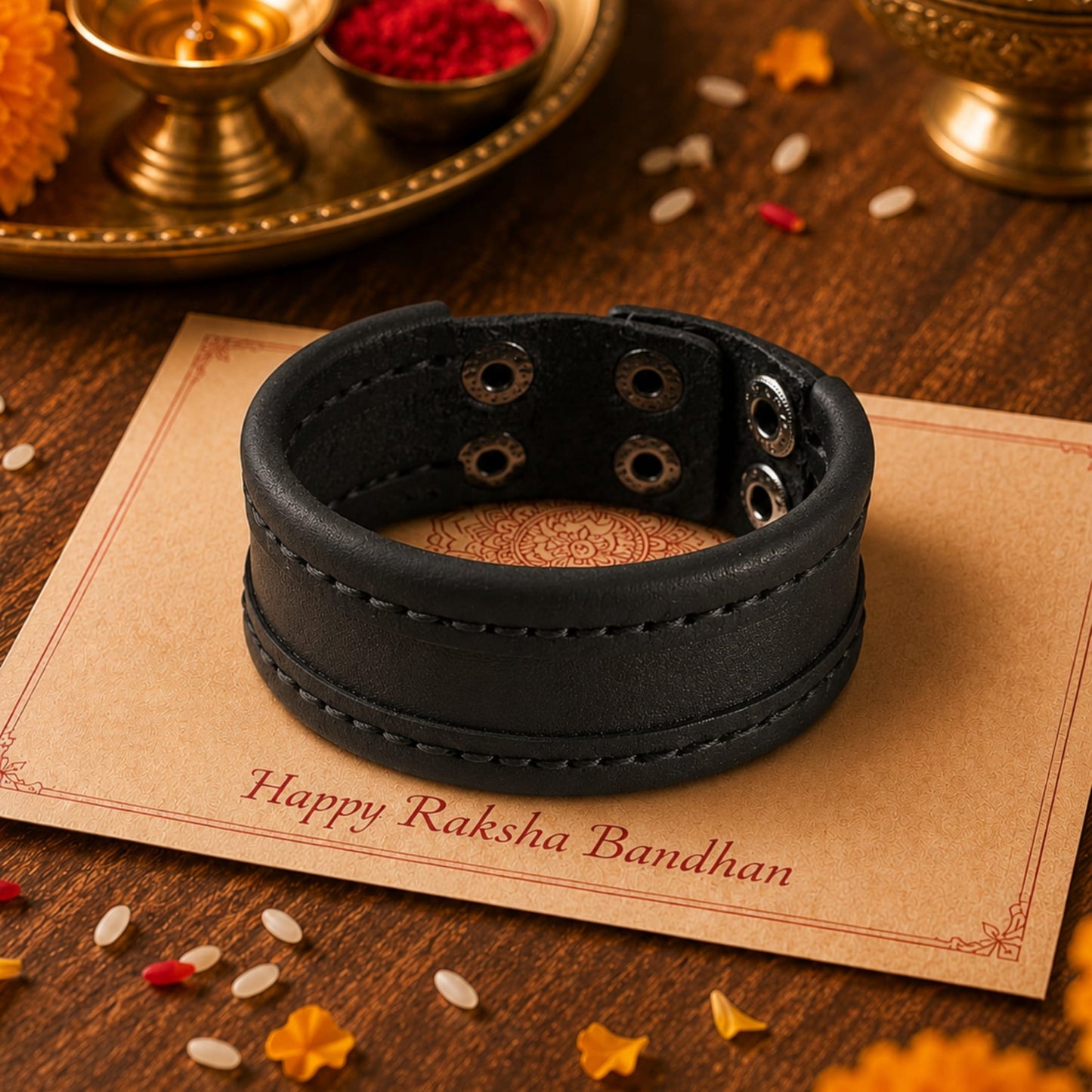 THE MEN THING Leather Bracelet The Perfect Rakhi Gift For Every Brother – OUTLAW WRAP BLACK - Premium Leather Bracelets With Timeless Style (8inch)