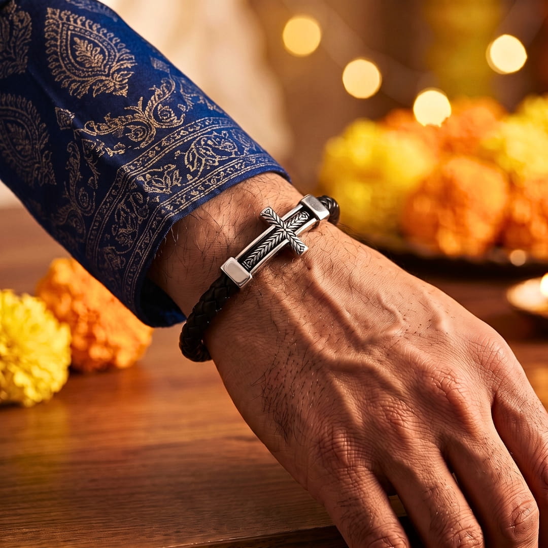 THE MEN THING Leather Bracelet The Perfect Rakhi Gift For Every Brother – PALADIN CROSS BLACK - Premium Leather Bracelets With Timeless Style (8inch)
