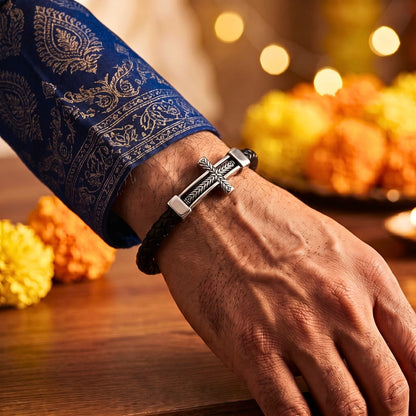 THE MEN THING Leather Bracelet The Perfect Rakhi Gift For Every Brother – PALADIN CROSS BLACK - Premium Leather Bracelets With Timeless Style (8inch)