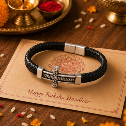 THE MEN THING Leather Bracelet The Perfect Rakhi Gift For Every Brother – PALADIN CROSS BLACK - Premium Leather Bracelets With Timeless Style (8inch)