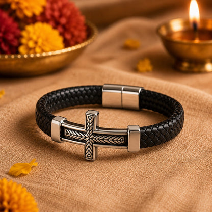 THE MEN THING Leather Bracelet The Perfect Rakhi Gift For Every Brother – PALADIN CROSS BLACK - Premium Leather Bracelets With Timeless Style (8inch)