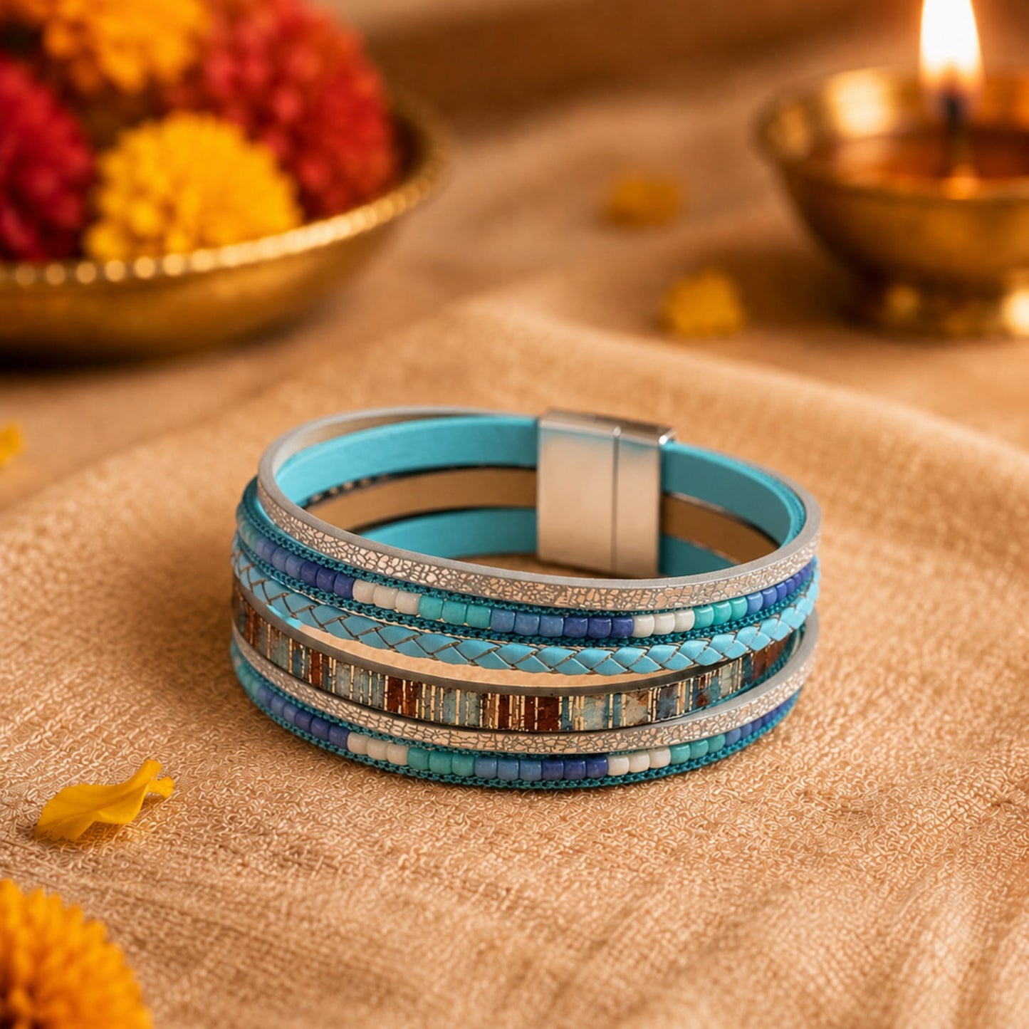 THE MEN THING Leather Bracelet The Perfect Rakhi Gift For Every Brother – Regalia - Blue Premium Leather Bracelets With Timeless Style (8 Inch)