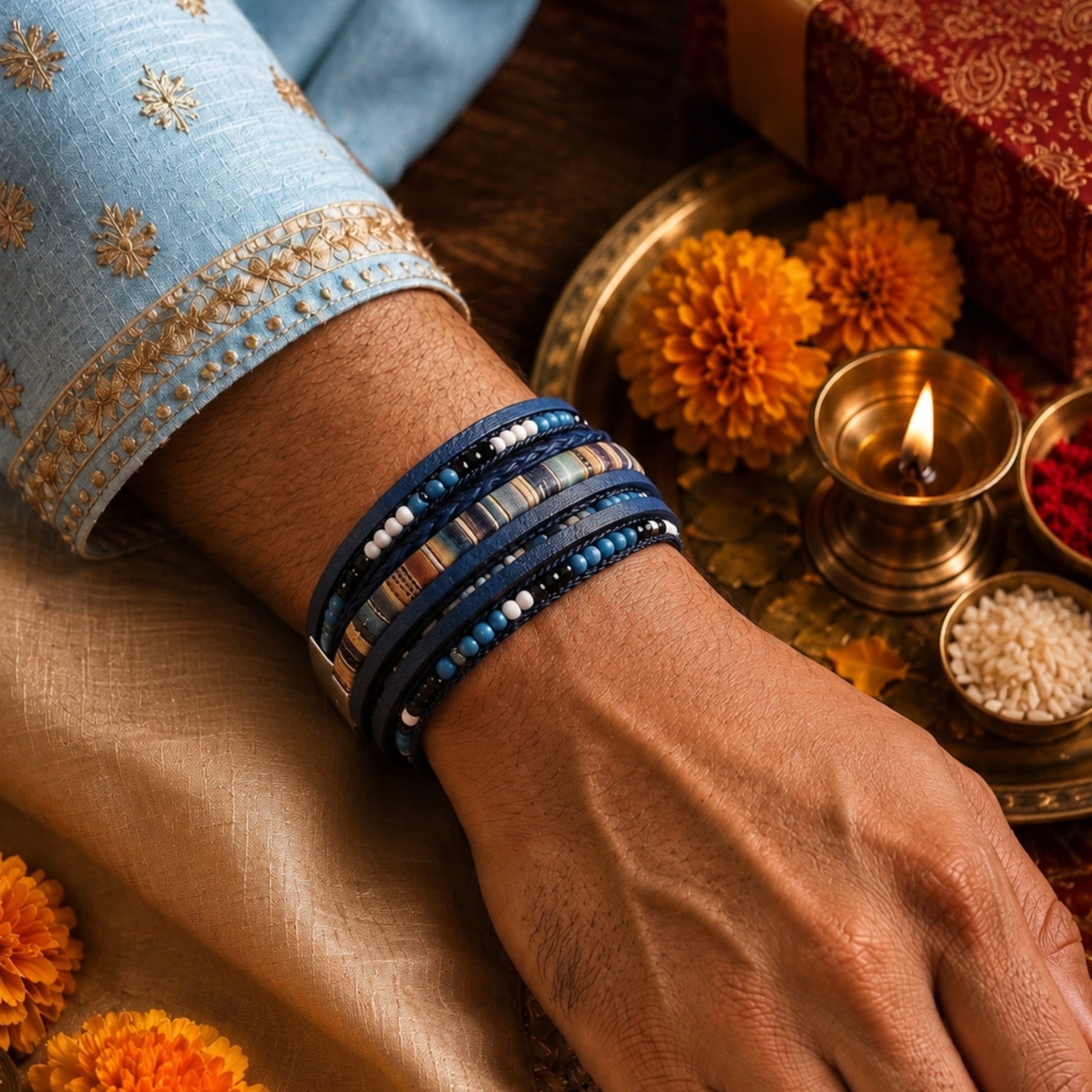 THE MEN THING Leather Bracelet The Perfect Rakhi Gift For Every Brother – Regalia - Navy Premium Leather Bracelets With Timeless Style (8 inch)