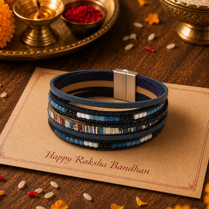 THE MEN THING Leather Bracelet The Perfect Rakhi Gift For Every Brother – Regalia - Navy Premium Leather Bracelets With Timeless Style (8 inch)
