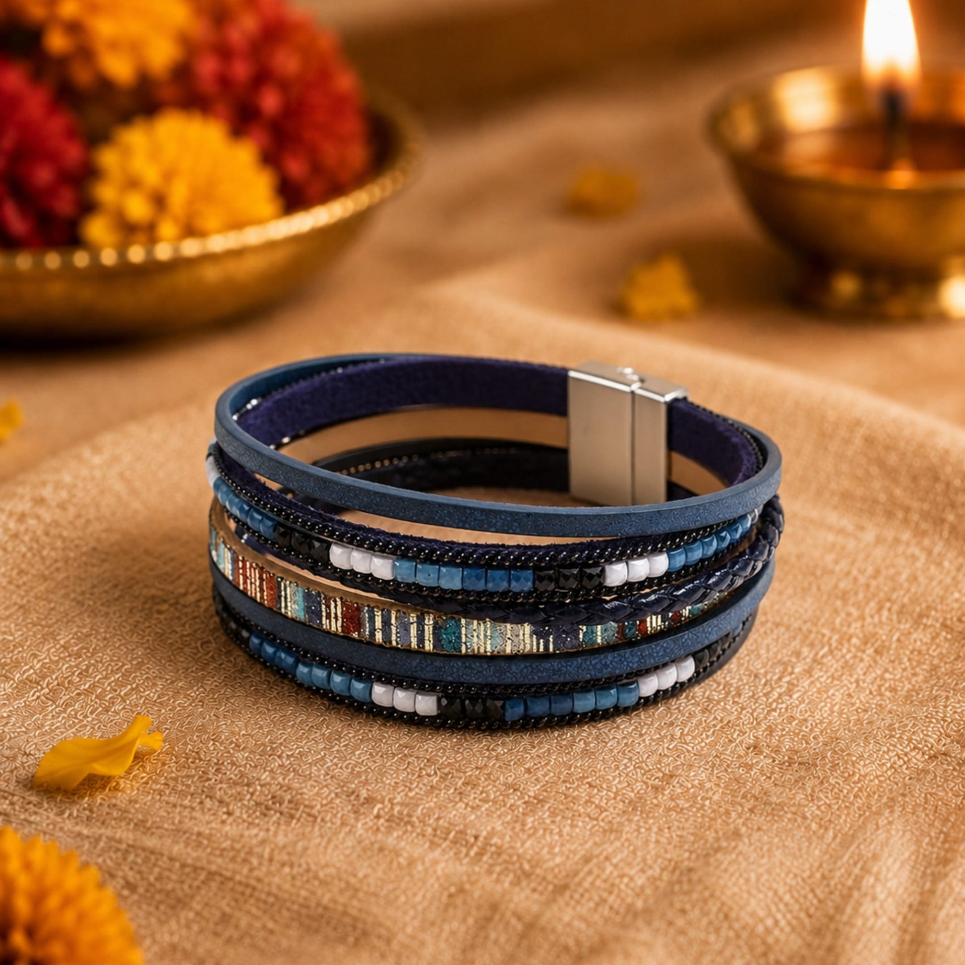 THE MEN THING Leather Bracelet The Perfect Rakhi Gift For Every Brother – Regalia - Navy Premium Leather Bracelets With Timeless Style (8 inch)