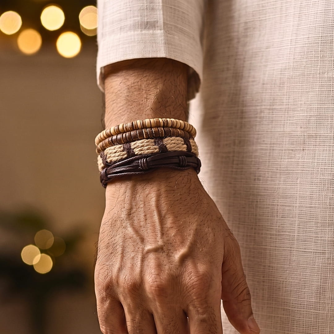 THE MEN THING Leather Bracelet The Perfect Rakhi Gift For Every Brother – ROAMER’S BAND - Premium 4 Pcs Leather Bracelets With Timeless Style (8inch)