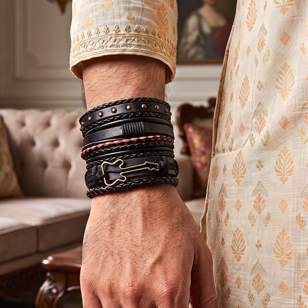 THE MEN THING Leather Bracelet The Perfect Rakhi Gift For Every Brother – ROCKSTRAP - Premium 5 Pcs Leather Bracelets With Timeless Style (8inch)