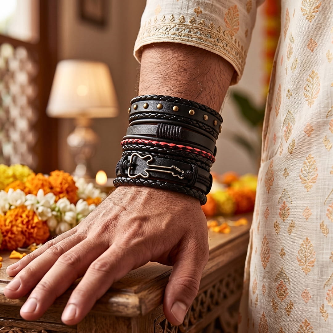 THE MEN THING Leather Bracelet The Perfect Rakhi Gift For Every Brother – ROCKSTRAP - Premium 5 Pcs Leather Bracelets With Timeless Style (8inch)