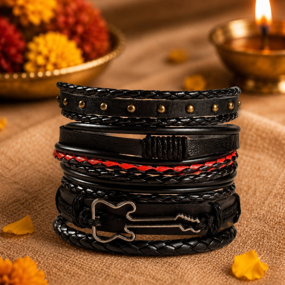 THE MEN THING Leather Bracelet The Perfect Rakhi Gift For Every Brother – ROCKSTRAP - Premium 5 Pcs Leather Bracelets With Timeless Style (8inch)