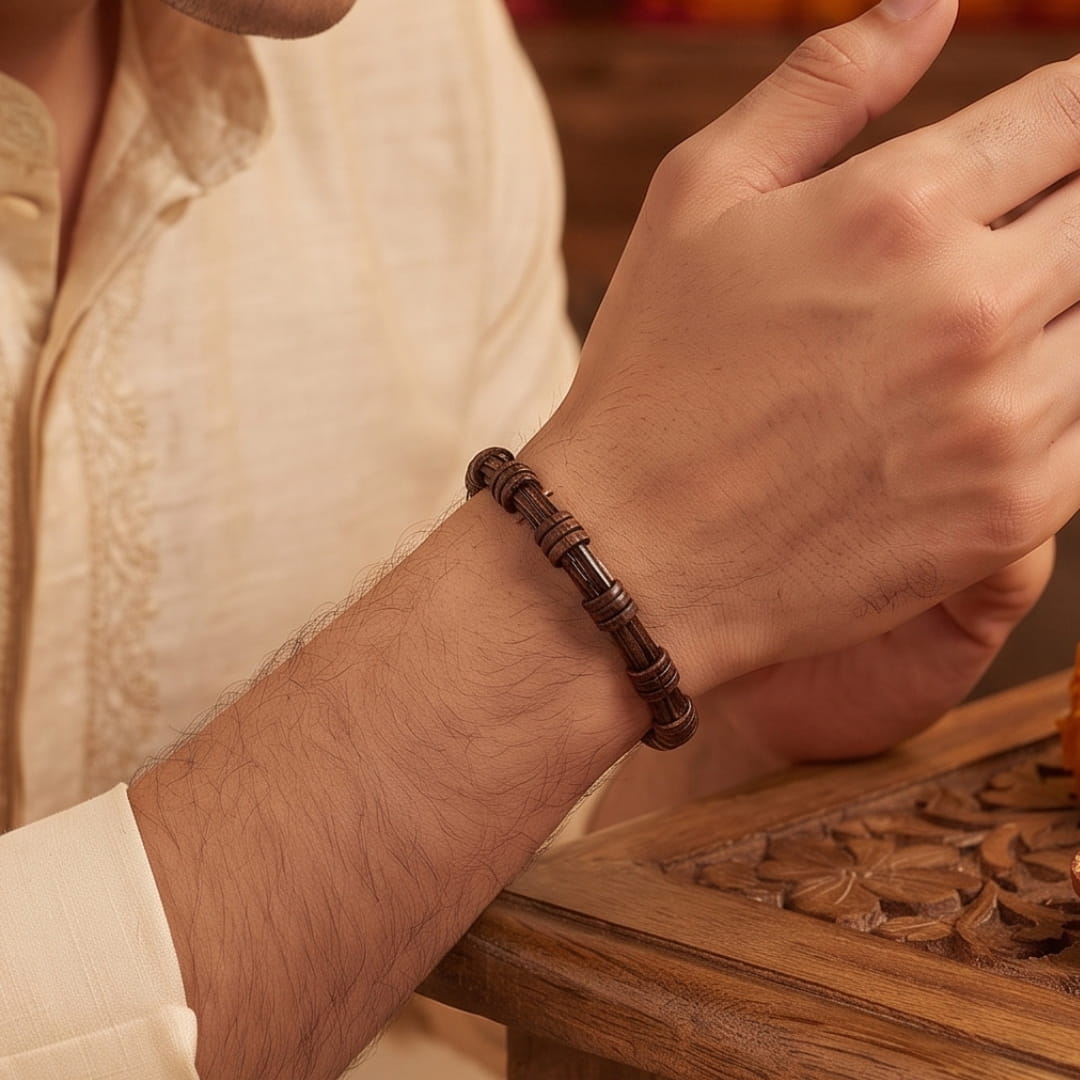 THE MEN THING Leather Bracelet The Perfect Rakhi Gift For Every Brother – RUSTIC WRAP BROWN - Premium Genuine Leather Bracelet With Timeless Style (8 Inch)