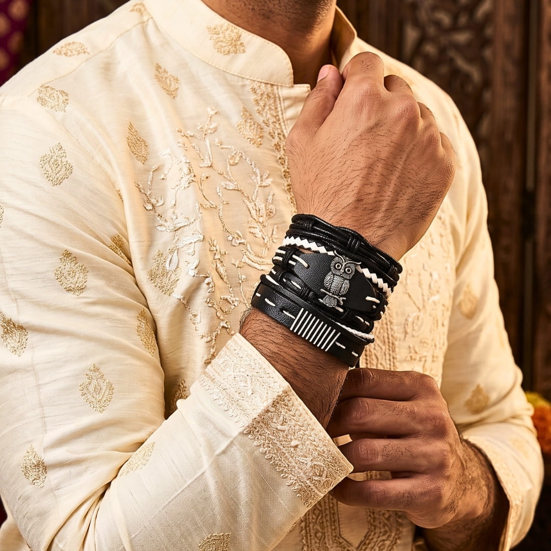 THE MEN THING Leather Bracelet The Perfect Rakhi Gift For Every Brother – SHADOW OWL CUFF - Premium 6 Pcs Leather Bracelets With Timeless Style (8inch)